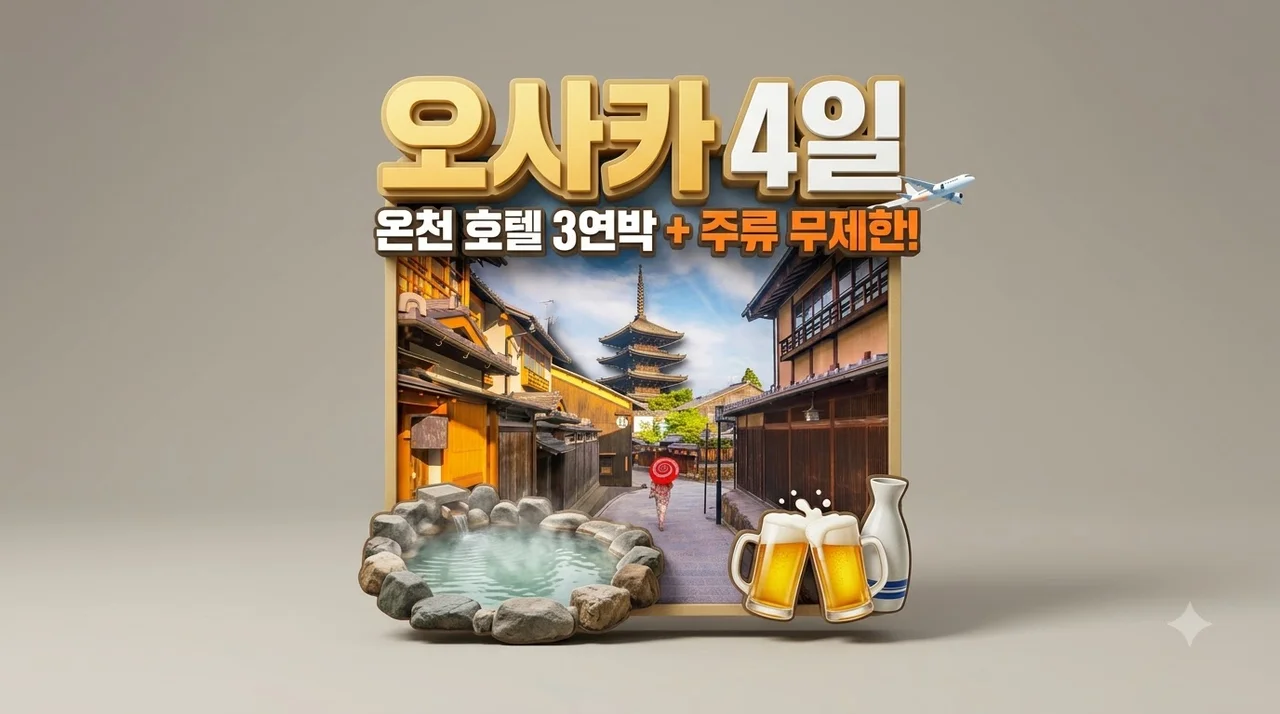 오사카 4일, 온천 호텔 3연박에 주류 무제한까지!
